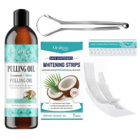 Huile de Coco Naturel Bain de Bouche 100ml avec 7 Bandes Blanchissantes, Gratte Langue et Carte Couleur, Kit Hygiène Buccale à l