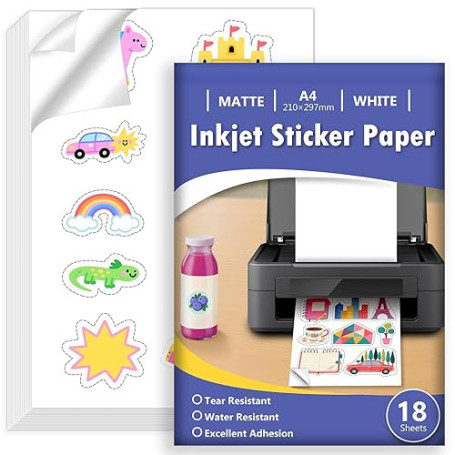 Euqvunn 18 Sheets Feuille Autocollante Imprimante A4, Blanc Mat Imperméable Vinyle Imprimable Papier Autocollant, Feuille Complè