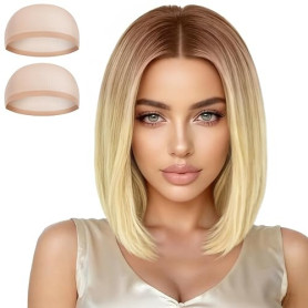 Aomig Courte Perruque Bob, Bob Perruque Ondulée Blonde avec Frange, Shoulder Longueur Bouclé, 11.8 Pouces Cheveux Synthétiques N