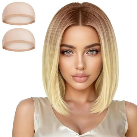 Aomig Courte Perruque Bob, Bob Perruque Ondulée Blonde avec Frange, Shoulder Longueur Bouclé, 11.8 Pouces Cheveux Synthétiques N