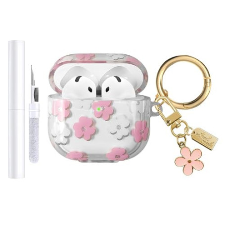 AIIEKZ Compatible avec Coque AirPods 4 2024, Coque en TPU Souple avec Motif Floral pour AirPods 4ème Génération, avec Porte-clés