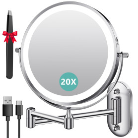 Auxmir Miroir Grossissant Mural Rechargeable 3200 mAh 1X/20X, Argenté | Bouton tactile double face, bras extensible rotatif 360°