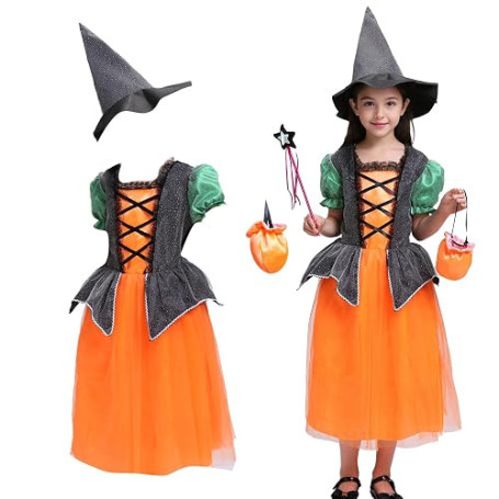 Efymosce Déguisement Halloween Fille Sorcière, Costume Enfant, Robe Sorcière, Deguisement Sorcier