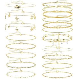 JSTHHTT 19 Pcs Or Chaîne de Cheville Femmes Grande Taille Bijou Empilable Ajustable Perlée Pied Délicat Tendance Plage