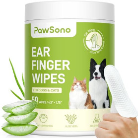 PawSono Lingettes Nettoyantes Oreilles Chien & Chat 50pcs, Doigt Lingette Oreille Animaux, Nettoyant Oreilles Chien Chat Naturel