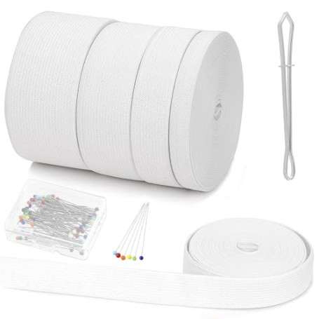 Swpeet Lot de 4 rouleaux de 20 m de large - Blanc - Largeur : 10 mm, 20 mm, 30 mm, 40 mm - Fil élastique à aiguille - Avec tête