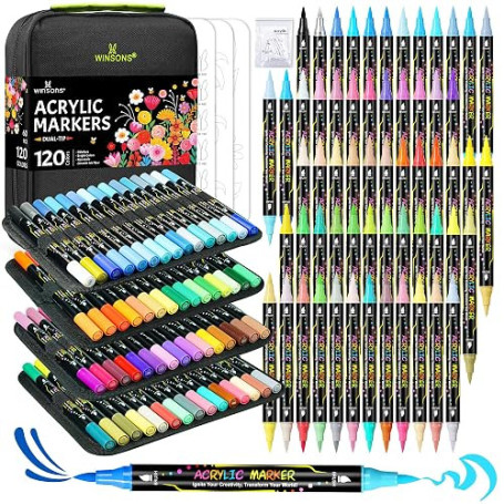 WINSONS Marqueur Acrylique 120 Couleurs, Non Toxique, Vives Pour Art | Deux pinceaux, encre fluide, ne bave pas, facile à ranger