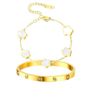 AOOTUERL Bracelet Trèfle Chanceux Femme, Ensemble de 2 Femme Or Chance Bracelet réglable Plaqué Or 18 Carats, pour Mariages/Anni