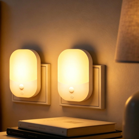 Lot de 2 Veilleuses Enfant à Prise Murale, CAPTEUR LUMIÈRE INTELLIGENT | 5 Intensités Lumineuses, 3 Modes, Lumière Blanc Chaud, 