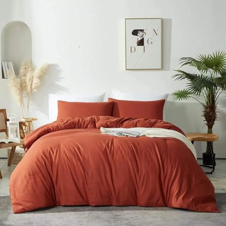 Michorinee Housse de Couette 220x240 + 2 Taie d'oreiller 65x65cm Terracotta | Parure de Lit 220x240 Adulte, en 110gsm Microfibre