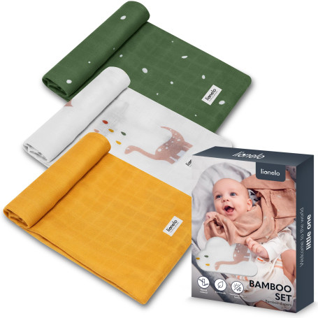 Lionelo Bamboo Set 3 Langes Coton Bébé 70 x 70 cm, Dino | 100 % Coton de Bambou, Doux et Thermorégulateur, Hypoallergénique, Ant