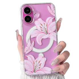 NITITOP Magnétique Coque pour iPhone 16 Plus Fleur de Lys, Rose | avec Motif Floral et Papillon, pour Femme Fille, Compatible av