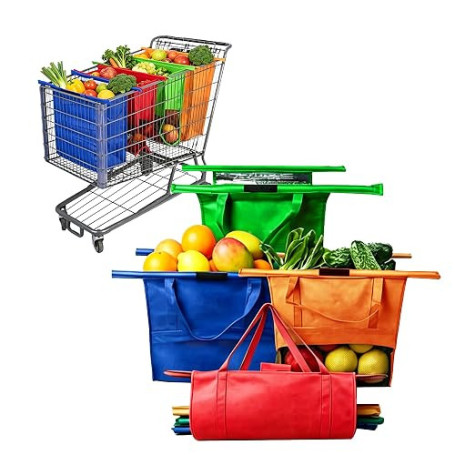 auvstar Lot de 4 Sacs de Courses pour Chariot Supermarché,1 Sac Isotherme et 3 Sacs de Courses Réutilisables Munis de Poignées,S