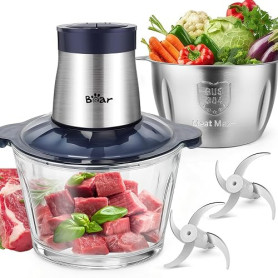 Bear 2L+1.8L Hachoir à Viande Électrique Verre + Acier Inoxydable 600W 2 Vitesses Hachoir avec 4 Lames en Acier Inoxydable et Ha
