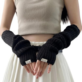 BWOOOWE 2 Pièces Gants Sans Doigts Manches Longues Femme Mitaines Tricotées Chauffantes Style Hiphop Manchettes Empilées Hiver A