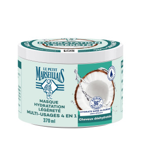 Le Petit Marseillais Masque 4 en 1 Eau de Coco Bio, Pot de 370 ml | Hydratation Légèreté, Masque Capillaire pour Cheveux Déshydr