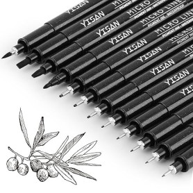 YISAN Feutres Dessin, Stylos Micro, 12 Stylos à encre Fineliner,Stylo Noir Pointe Fine, Stylo de Dessin Noir,Professionnel Artis