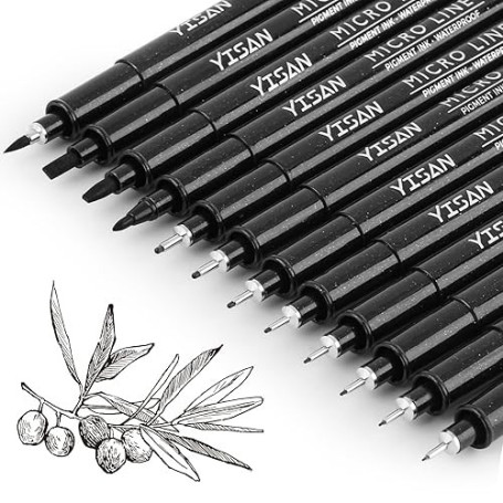 YISAN Feutres Dessin, Stylos Micro, 12 Stylos à encre Fineliner,Stylo Noir Pointe Fine, Stylo de Dessin Noir,Professionnel Artis