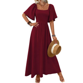 Robe Longue Femme Élégante Col Carré Vintage Maxi Ligne A Taille Haute | Robes Manches Longues/Manches Courtes Robe Maxi Volante
