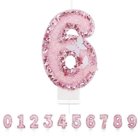 Bougies d'anniversaire Numéro 6,3D Rose Bougie Chiffre 6,Papillon Decoration Gateau Anniversaire,Bougies Gâteau Topper Decoratio