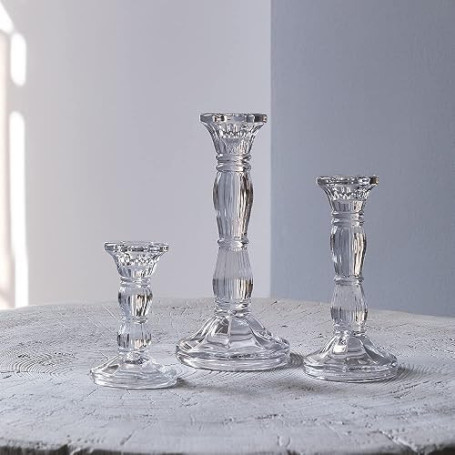 Ensemble De 3 Bougeoirs en Verre Cristal Clair Chandeliers décoratifs pour Bougies funéraires, Bougies Coniques LED, Parties, pi