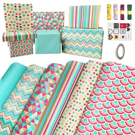 Papier Cadeau Set avec Ruban et Étiquette,Ecologique Papier Cadeaux Anniversaire Feuille,Papier emballage Cadeau,Papier Annivers