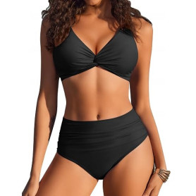 Ekouaer Maillot de Bain Femme 2 Pieces Ensembles Bikini Push Up Taille Haute Sexy Col V Élégant Beachwear Été