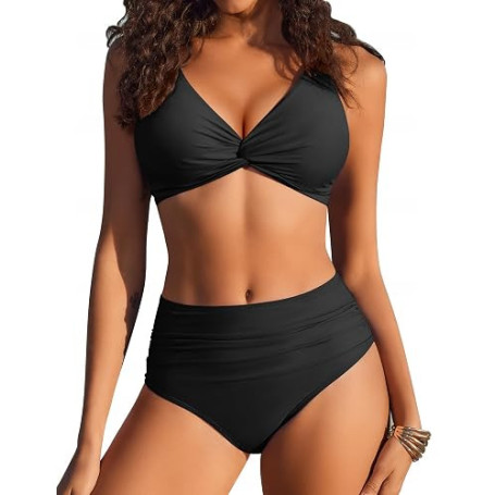 Ekouaer Maillot de Bain Femme 2 Pieces Ensembles Bikini Push Up Taille Haute Sexy Col V Élégant Beachwear Été