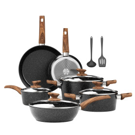 Kitchen Academy Batterie de Cuisine Induction 12 Pièces Antiadhésives | Noir Granite Set de Poêles et Casseroles, 100% Sain et S