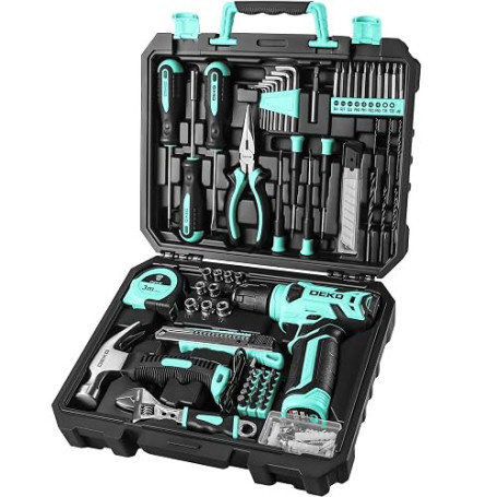 DEKO Caisse à Outils Complète avec Tournevis Électrique Perceuse avec Batterie de 8 V, Mallette de 126 Pièces, Boîte Professionn