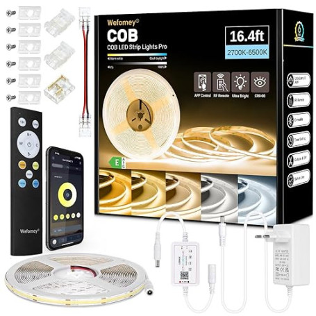 Ruban LED COB 5M, App Control, Bande LED Blanc Chaud Froid 2700K-6500K avec Telecommande et Alimentation, Bande LED 24V Dimmable