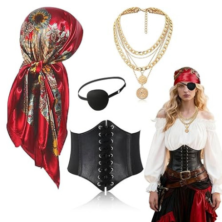 FOUNSHO 4PCS Pirate Accessoires Dames Halloween Carnival Fête Costumes | Deguisement Pirate Femme Noir Bandanas Tête écharpe Imp