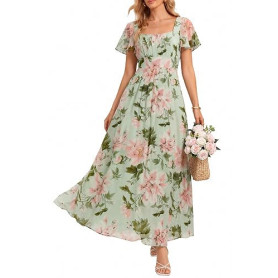 Ever-Pretty Robes de Demoiselle d'honneur Col Carrée Manches Courtes Mousseline Maxi Robe évasée ES02703