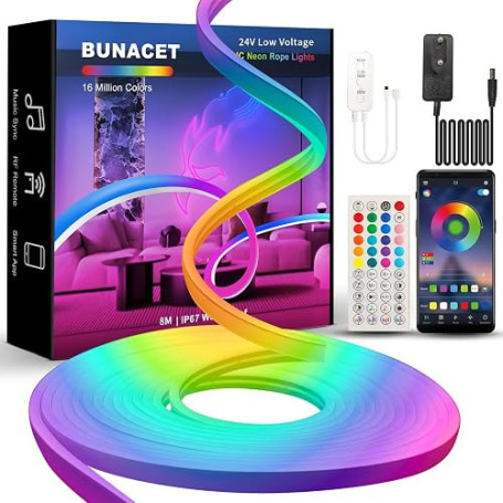 BUNACET RGBIC Neon Ruban LED 8M 24V Bande Dimmable Flexible | Néon IP65 Etanche avec Contrôle APP,Télécommande, Puissance,Multic