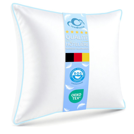 Oreiller 60x60 Plumes et Duvet Luxe Confort Coussin de Sommeil Certifié RDS | CloudÉtoile Oreiller 60x60 cm en Plumes Qualité Hô