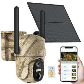 Tzziel Camera de Chasse 4G et Carte Sim,2K Camera Exterieur sans Fil avec Panneau Solaire et Batterie,Détection PIR,Vision Noctu