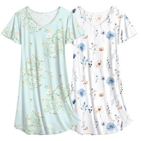Ekouaer Chemises de Nuit Manches Courtes Femme 2 pièces Jersey Chemise de Nuit Fleuri/uni S-XXL | Manches courtes volantes, col
