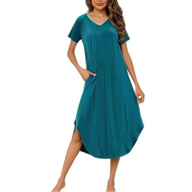 Marvmys Chemise de Nuit Femme Coton Manches Courtes Vetements De Nuit Grande Taille Robe de Nuit col V Nuisette Femmes D'été L-4