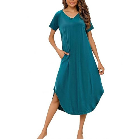 Marvmys Chemise de Nuit Femme Coton Manches Courtes Vetements De Nuit Grande Taille Robe de Nuit col V Nuisette Femmes D'été L-4
