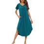 Marvmys Chemise de Nuit Femme Coton Manches Courtes Vetements De Nuit Grande Taille Robe de Nuit col V Nuisette Femmes D'été L-4