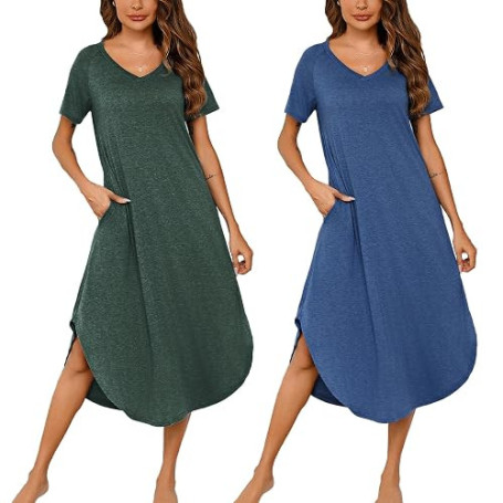 Marvmys Chemise de Nuit Femme Manches Courte Cotton Grande Taille Poches | Col En V, Avec Poches, Ourlet Asymétrique, Grande Tai