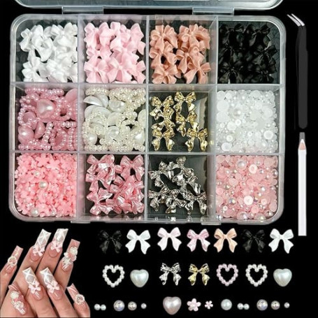 KIRZAX Set Charms Ongles 12 Compartiments, 3D Noeud Papillon en Résine+Perles/Cœur/Fleur, avec Crayon de Cire & Pince à Strass,