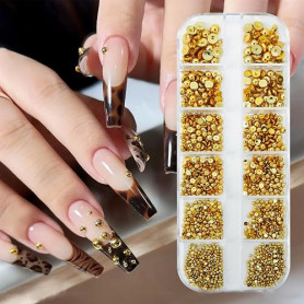 GZMAYUEN 1 Boîte 3D Flatback Perle Ongle Or, Demi-Rondes Métal Perle Bijoux pour Deco Ongle Nail Art