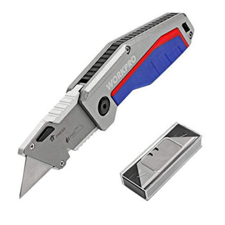 WORKPRO Cutter Utilitaire Couteau Pliant avec Mécanisme de Changement Rapide - Poignée en Alu Antidérapant, 10 Lames Supplémenta