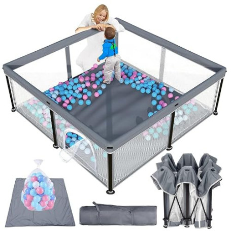 Parc pour bébé pliable avec matelas, intérieur et extérieur (gris, taille | Design pliable innovant, filet respirant avec vision