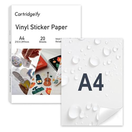 Cartridgeify Vinyle Papier Autocollant Imprimante A4, 20 Feuilles, Étiquette Imperméable, Résistants aux Déchirures, Adhésif Imp