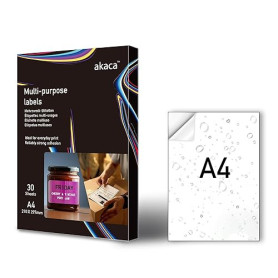 akaca Vinyle Papier Autocollant Imprimante A4, 30 Feuilles, Mat Blanc, Étiquette Imperméable, Résistants aux Déchirures, Adhésif