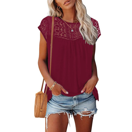 WNEEDU Tee Shirt Femme Dentelle Top Ete Haut Chic et Elegant Manche Courte | lace tops, casual t-shirts, col rond blouse