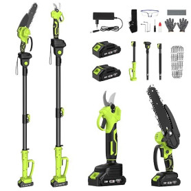 Tronçonneuse et Sécateur Électrique Télescopique, 4-en-1 Ensemble d’Outils de Jardin avec 4 Chaînes 2 Batteries Taille Haies Tel