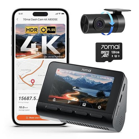 70mai Dash Cam Voiture 4K A800SE - Caméra Double (4K UHD Avant+1080P Arrière) avec GPS, Wi-FI, microSD 128GB Go, Ouverture F1.55